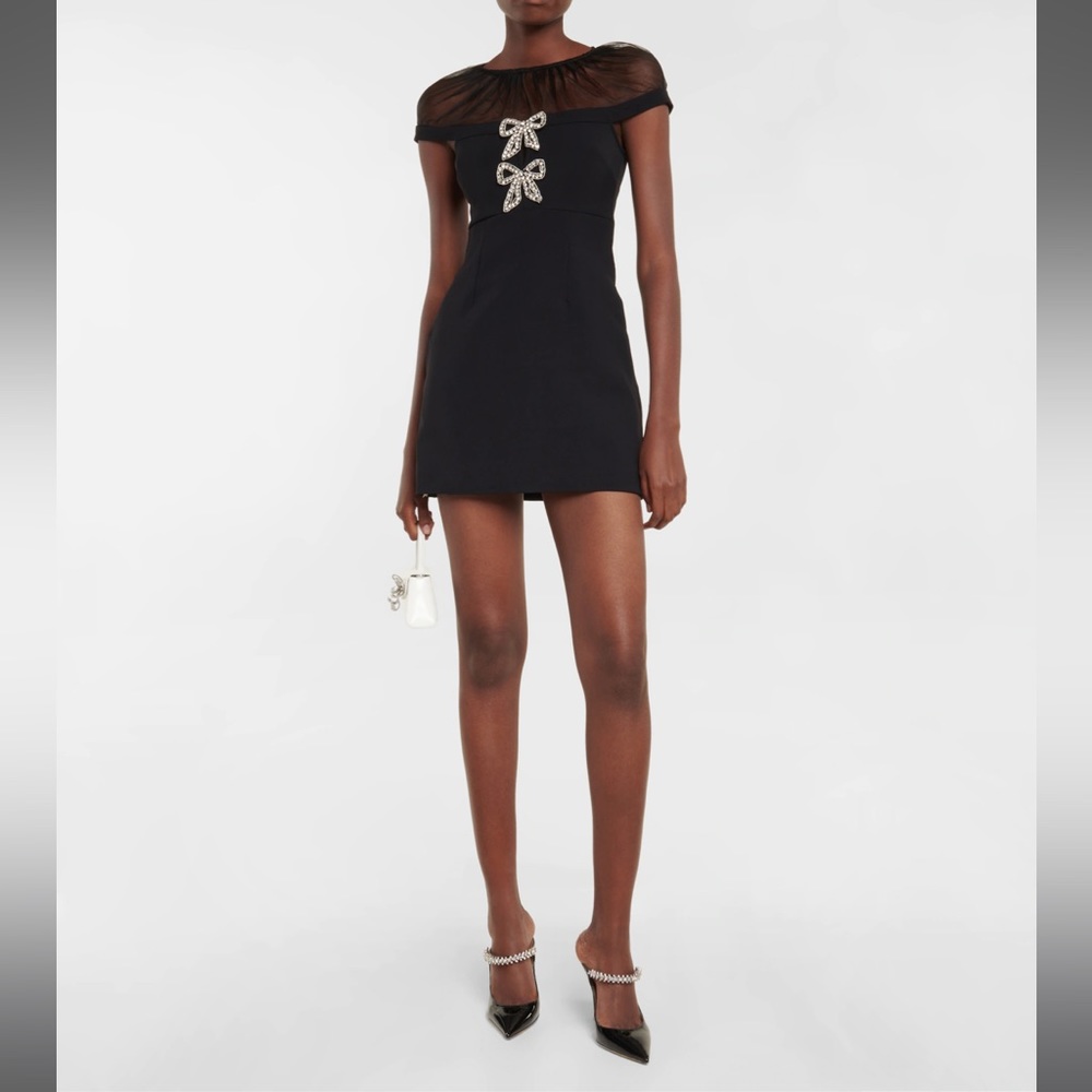 Like New Self Portrait bow embellished black mini dress with sheer top. US sz 4